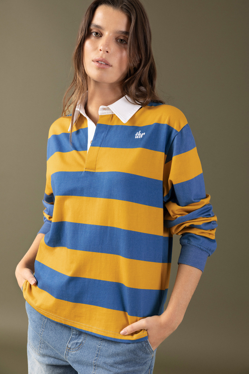 Yellow and blue striped polo shirt on sale